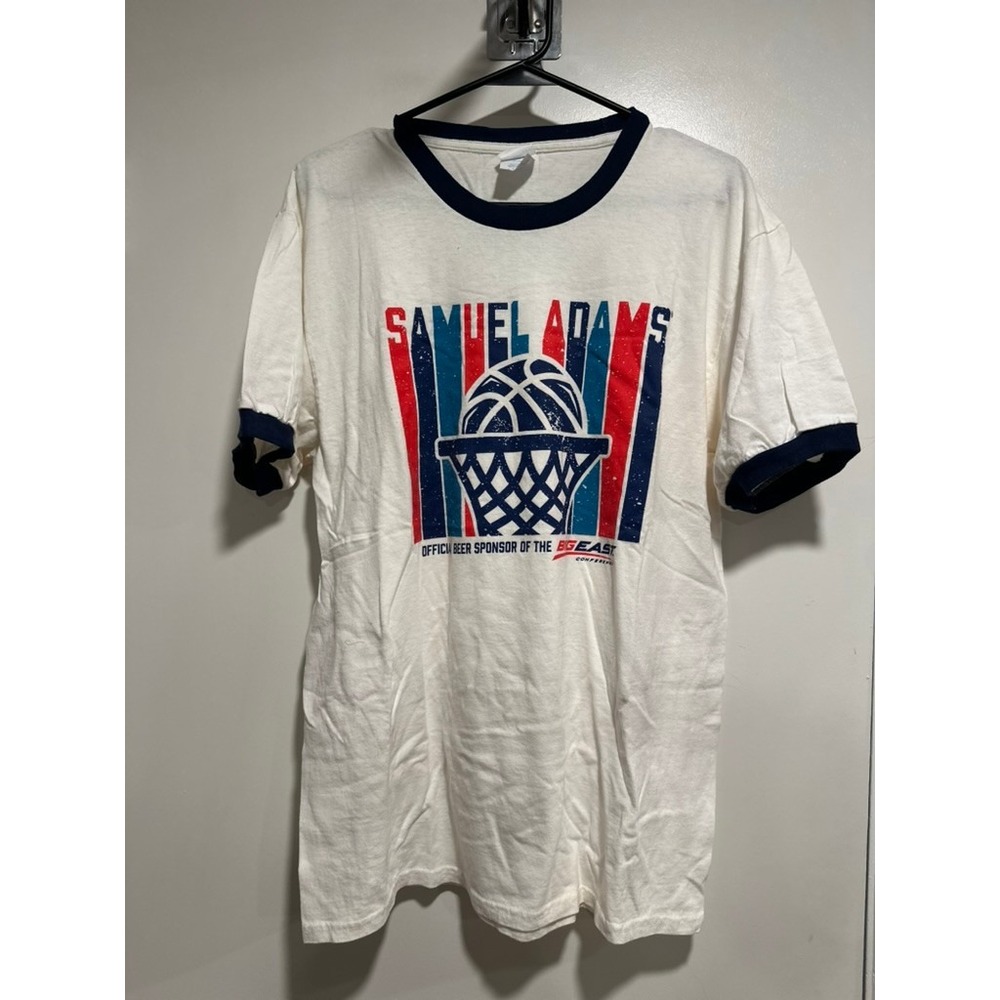 Samuel Adams Big East Basketball Ringer T-Shirt Sz:L White Navy Cotton Graphic